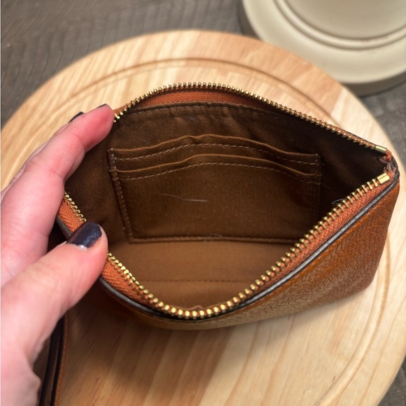 Coach Tan Leather Corner Zip Wristlet with Coach Stripes - Picture 3 of 3